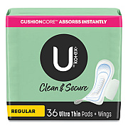 U by Kotex Security Ultrathin Pad with Wings, Regular Absorbency, Unscented, Regular, 36/Pack (53631)