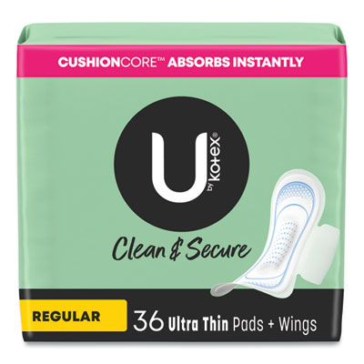 U by Kotex Security Ultrathin Pad with Wings, Regular Absorbency, Unscented, Regular, 36/Pack (53631)