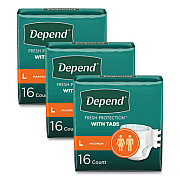 Depend Incontinence Protection with Tabs, Large, 35" to 49" Waist, 16/Pack, 3 Packs/Carton (35458)