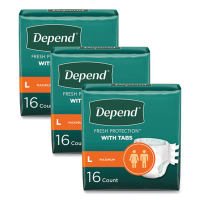 Depend Incontinence Protection with Tabs, Large, 35" to 49" Waist, 16/Pack, 3 Packs/Carton (35458)