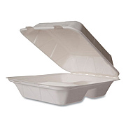 Vegware White Molded Fiber Clamshell Containers, Compostable, 3 Compartments, 7.9 x 7.9 x 2.9, White, Sugarcane, 200/Carton (WHBRG83HW)