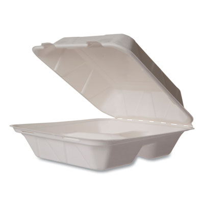 Vegware White Molded Fiber Clamshell Containers, Compostable, 3 Compartments, 7.9 x 7.9 x 2.9, White, Sugarcane, 200/Carton (WHBRG83HW)