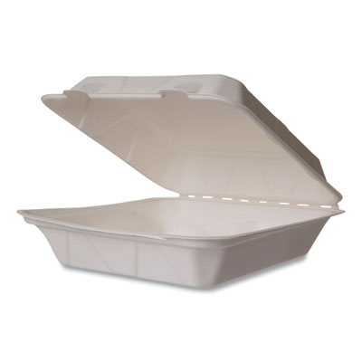 Vegware White Molded Fiber Clamshell Containers, Compostable, 9 x 9 x 3, White, Sugarcane, 200/Carton (WHBRG9HW)