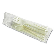 Vegware Cutlery Kits, Compostable, General Purpose, Fork/Knife/Napkin/Spoon, Plastic, White, 250/Carton (VWKFSWN)
