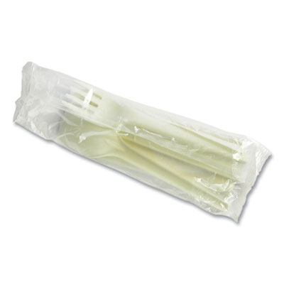 Vegware Cutlery Kits, Compostable, General Purpose, Fork/Knife/Napkin/Spoon, Plastic, White, 250/Carton (VWKFSWN)
