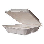 Vegware White Molded Fiber Clamshell Containers, Compostable, 3 Compartments, 9 x 18 x 2, White, Sugarcane, 200/Carton (WHBRG93HW)