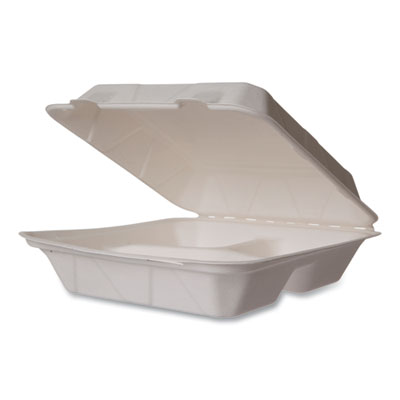 Vegware White Molded Fiber Clamshell Containers, Compostable, 3 Compartments, 9 x 18 x 2, White, Sugarcane, 200/Carton (WHBRG93HW)
