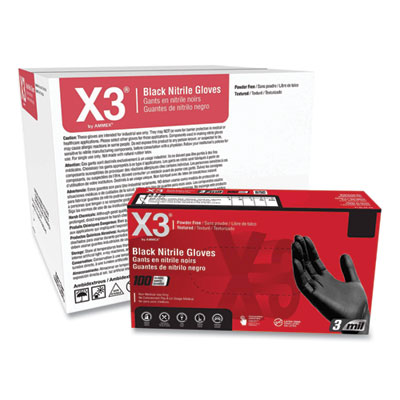 X3 by AMMEX Industrial Nitrile Gloves, Powder-Free, XX-Large, 3 mil Thick, 9.5" Long, Black, 100/Box, 10 Boxes/Carton (BX349100)