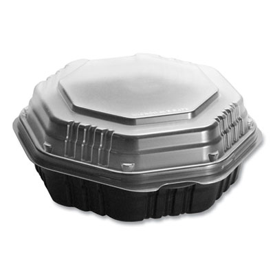 SOLO OctaView Hinged-Lid Hot Food Containers, 7.47 x 7.94 x 3.11, Black/Clear, Plastic, 100/Carton (807011PP94)
