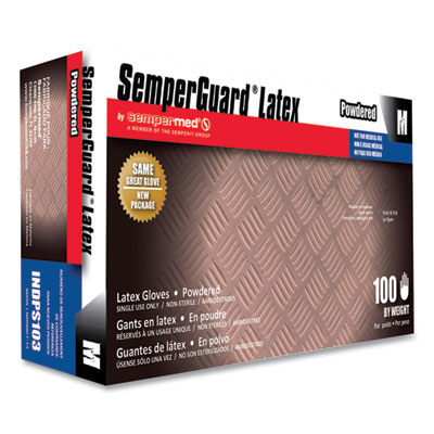 SemperGuard Latex Gloves, Powdered, Medium, 4 mil Thick, 9.45" Long, Cream, 100/Box, 10 Boxes/Carton (INDPS103)
