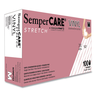 SemperCare Stretch Vinyl Examination Gloves, Powder-Free, Medium, 5 mil Thick, 9.45" Long, Cream, 100/Box (SCVNP103BX)