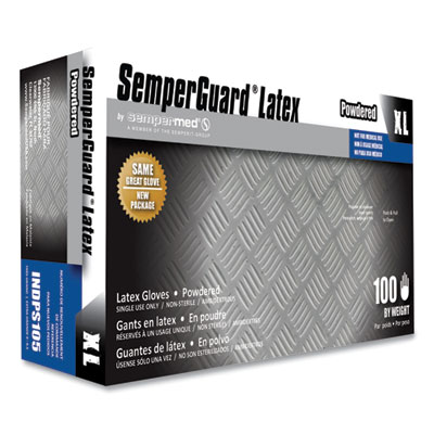 SemperGuard Latex Gloves, Powdered, X-Large, 4 mil Thick, 9.45" Long, Cream, 100/Box, 10 Boxes/Carton (INDPS105)