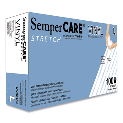 SemperCare Stretch Vinyl Examination Gloves, Powder-Free, Large, 5 mil Thick, 9.45" Long, Cream, 100/Box, 10 Boxes/Carton (SCVNP104)