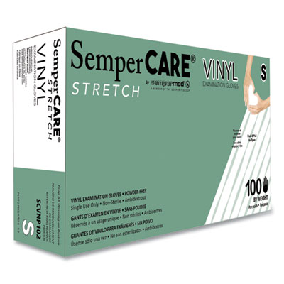 SemperCare Stretch Vinyl Examination Gloves, Powder-Free, Small, 5 mil Thick, 9.45" Long, Cream, 100/Box, 10 Boxes/Carton (SCVNP102)