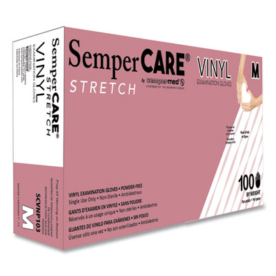 SemperCare Stretch Vinyl Examination Gloves, Powder-Free, Medium, 5 mil Thick, 9.45" Long, Cream, 100/Box, 10 Boxes/Carton (SCVNP103)
