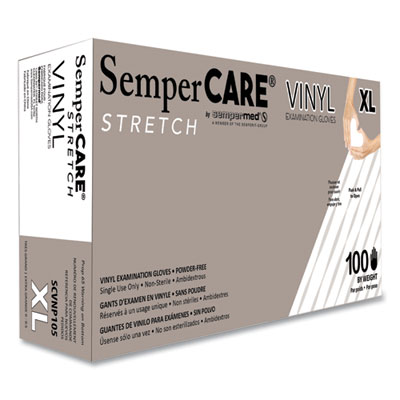 SemperCare Stretch Vinyl Examination Gloves, Powder-Free, X-Large, 5 mil Thick, 9.45" Long, Cream, 100/Box (SCVNP105BX)