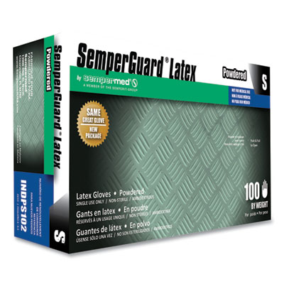 SemperGuard Latex Gloves, Powdered, Small, 4 mil Thick, 9.45" Long, Cream, 100/Box, 10 Boxes/Carton (INDPS102)
