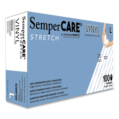 SemperCare Stretch Vinyl Examination Gloves, Powder-Free, Large, 5 mil Thick, 9.45" Long, Cream, 100/Box (SCVNP104BX)