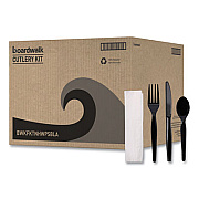 Boardwalk Four-Piece Cutlery Kit, Heavyweight, Fork/Knife/Napkin/Spoon, Plastic, Black, 250/Carton (FKTNHWPSBLA)
