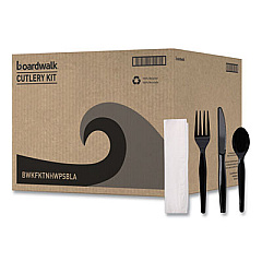 Boardwalk Four-Piece Cutlery Kit, Heavyweight, Fork/Knife/Napkin/Spoon, Plastic, Black, 250/Carton (FKTNHWPSBLA)