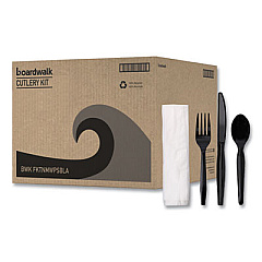 Boardwalk Four-Piece Cutlery Kit, Mediumweight, Fork/Knife/Napkin/Spoon, Plastic, Black, 250/Carton (FKTNMWPSBLA)