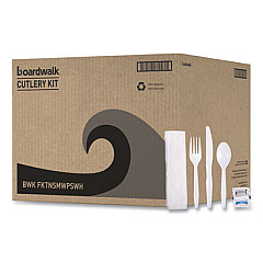 Boardwalk Six-Piece Cutlery Kit, Mediumweight, Fork/Knife/Napkin/Pepper/Salt/Spoon, Plastic, White, 250/Carton (FKTNSMWPSWH)