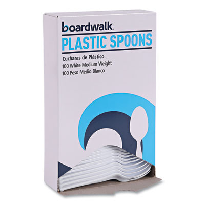 Boardwalk Mediumweight Polystyrene Cutlery, Spoon, Plastic, White, 100/Box (SPOONMWPSBX)