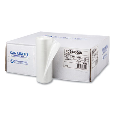 Inteplast Group High-Density Commercial Can Liners, 16 gal, 6 mic, 24" x 33", Natural, Perforated Roll, 50 Bags/Roll, 20 Rolls/Carton (EC243306N)