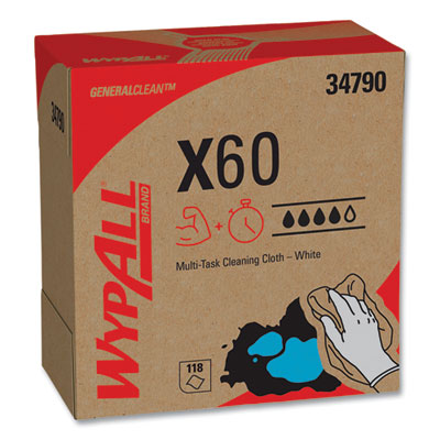 WypAll General Clean X60 Cloths, POP-UP Box, 8.34 x 16.8, White, 118/Box (34790BX)