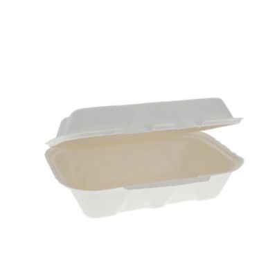 Pactiv Evergreen EarthChoice PFAS Free Compostable Hinged Lid Container, 9 x 6 x 3, Natural, Sugarcane, 150/Carton (YMCH0089PFFR)