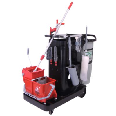 Unger RestroomRx Janitorial Carts with 16 Qt Bucket, Plastic, 2 Shelves, 23.5 x 19 x 25, Black (RRSPC)