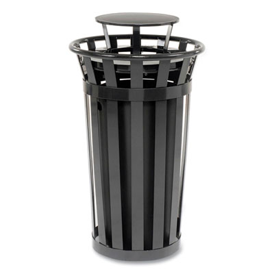 Global Industrial Outdoor Slatted Steel Trash Can, Rain Bonnet Lid, 24 gal, Black (260803BK)