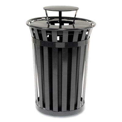 Global Industrial Outdoor Slatted Steel Trash Can, Rain Bonnet Lid, 36 gal, Black (260804BK)