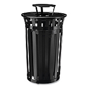 Global Industrial Outdoor Slatted Steel Trash Can, With Access Door and Rain Bonnet Lid, 36 gal, Black (261941BK)