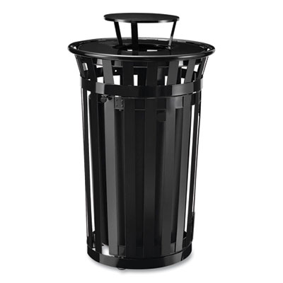 Global Industrial Outdoor Slatted Steel Trash Can, With Access Door and Rain Bonnet Lid, 36 gal, Black (261941BK)