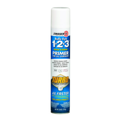 Zinsser Bulls Eye 1-2-3 Primer Spray, Turbo Spray System, Interior/Exterior, Flat Bright White, 26 oz Aerosol Can, 6/Carton (343746)
