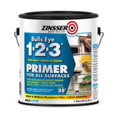 Zinsser Bulls Eye 1-2-3 Water-Base Primer, Interior/Exterior, Flat White, 1 gal Bucket/Pail, 4/Carton (2001CT)