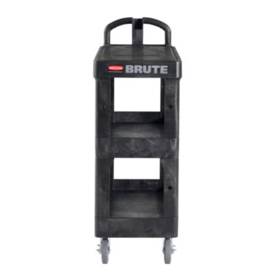 Rubbermaid Commercial BRUTE 3-Shelf Heavy-Duty Ergo Flat Utility Cart, Plastic, 3 Shelves, 600 lb Capacity, 25.24" x 48.63" x 46.18", Black (2203280)