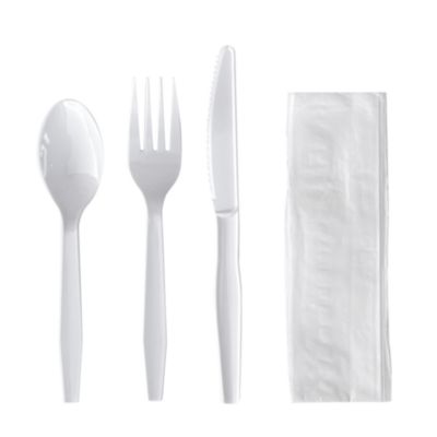 Boardwalk Four-Piece Polystyrene Cutlery Kit, Mediumweight, Fork/Knife/Napkin/Spoon, Plastic, White, 250/Carton (4KITWHPS)