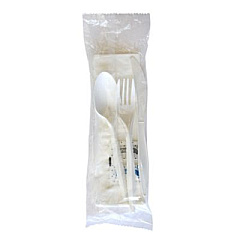 Boardwalk Six-Piece Cutlery Kit, Mediumweight, Fork/Knife/Napkin/Pepper/Salt/Spoon, 5.86", Plastic, White, 250/Carton (6COMBOKITPP)