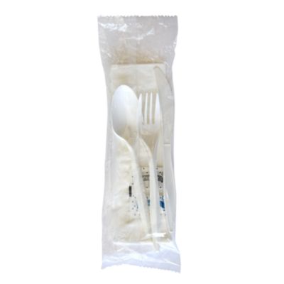 Boardwalk Six-Piece Cutlery Kit, Mediumweight, Fork/Knife/Napkin/Pepper/Salt/Spoon, 5.86", Plastic, White, 250/Carton (6COMBOKITPP)