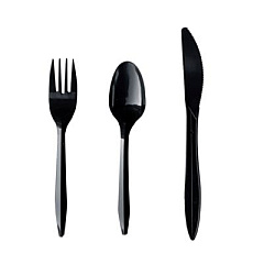 Boardwalk Three-Piece Polypropylene Cutlery Kit, Mediumweight, Fork/Knife/Spoon, Plastic, Black, 250/Carton (3KITBLPP)