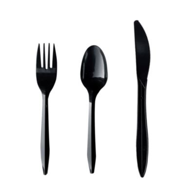 Boardwalk Three-Piece Polypropylene Cutlery Kit, Mediumweight, Fork/Knife/Spoon, Plastic, Black, 250/Carton (3KITBLPP)