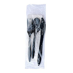 Boardwalk Four-Piece Cutlery Kit, Mediumweight, Fork/Knife/Napkin/Spoon, Plastic, 6.38", Black, 250/Carton (4KITBLPP)