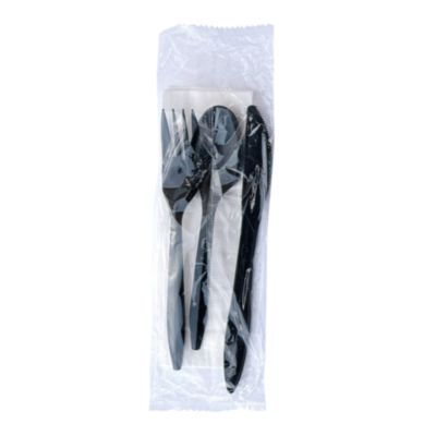 Boardwalk Four-Piece Cutlery Kit, Mediumweight, Fork/Knife/Napkin/Spoon, Plastic, 6.38", Black, 250/Carton (4KITBLPP)