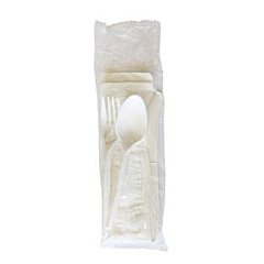 Boardwalk Four-Piece Polypropylene Cutlery Kit, Mediumweight, Fork/Knife/Napkin/Spoon, Plastic, White, 250/Carton (4COMBOKITPP)