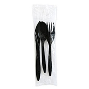 Boardwalk Three-Piece Polystyrene Cutlery Kit, Mediumweight, Fork/Knife/Spoon, Plastic, Black, 250/Carton (3KITBLPS)