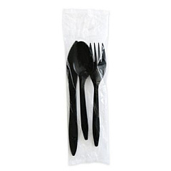 Boardwalk Three-Piece Polystyrene Cutlery Kit, Mediumweight, Fork/Knife/Spoon, Plastic, Black, 250/Carton (3KITBLPS)