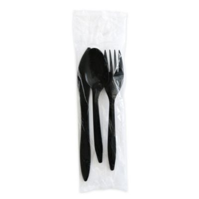Boardwalk Three-Piece Polystyrene Cutlery Kit, Mediumweight, Fork/Knife/Spoon, Plastic, Black, 250/Carton (3KITBLPS)