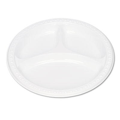 Tablemate Plastic Dinnerware, 3-Compartment Plates, 9" dia, White, 125/Pack (19644WH)
